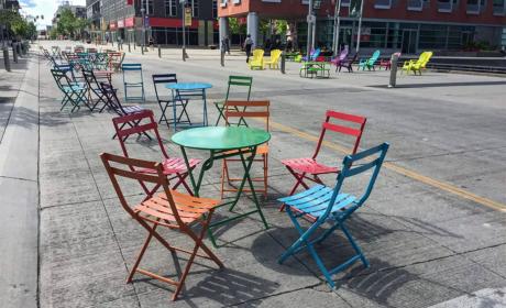 Colourful chairs and tables in downtown Kitchener