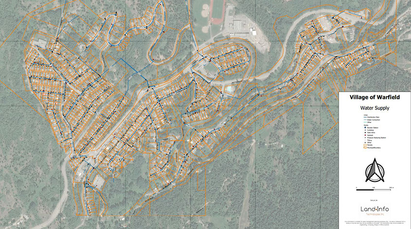 A digitized map of the Village of Warfield’s water supply overlying a satellite image.