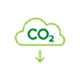A cloud outlined in light green with the characters “CO2” sitting inside in dark green text. A light-green arrow under the cloud points downwards. 