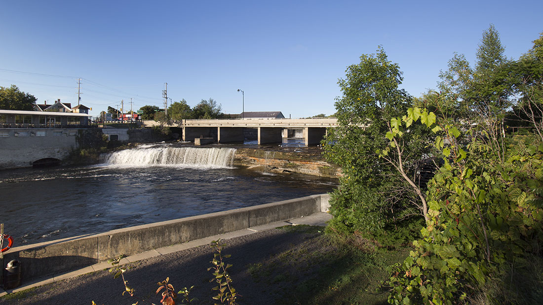 The falls in Fenelon Falls with a small amount of water coming over